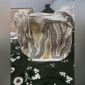 Embellished Cream Beaded Shoulder Bag